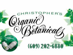 Christopher's Organic Botanicals logo with Kratom capsules on a green company sweatshirt with phone number (609) 202-6880.