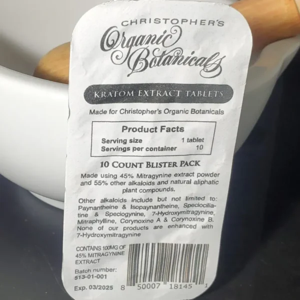 Christopher's Organic Botanicals 45% Extract Tablet: Back of Blister Package with Warning and Serving Size Details. Ensure safe and informed consumption.