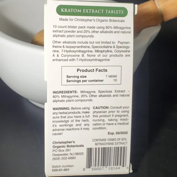 Christopher's Organic Botanicals: 80% Kratom Extract Tablet - Back of the Box with Product Facts and Serving Size.