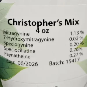 Christophers Mix kratom powder blend batch 15417 front of the Package with kratom alkaloid results