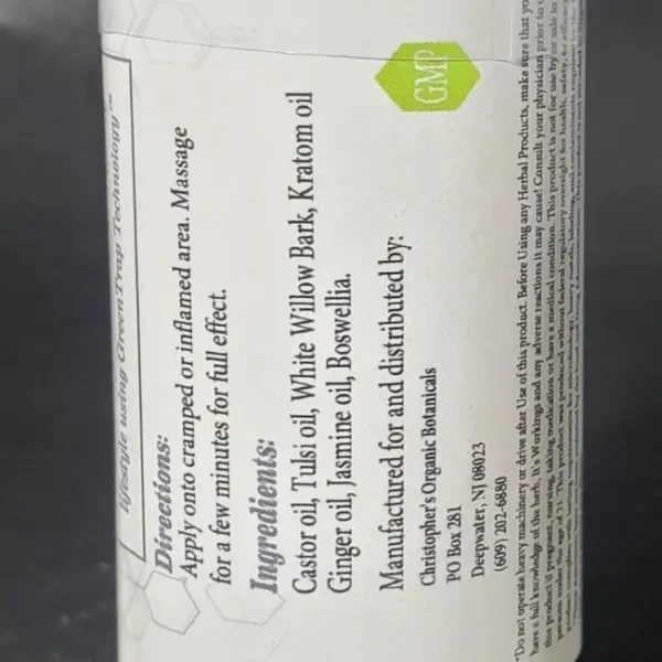 Cramp release kratom oil directions and ingredients label on bottle