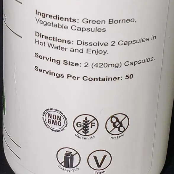 Green Borneo kratom capsules bottle ingredients and directions