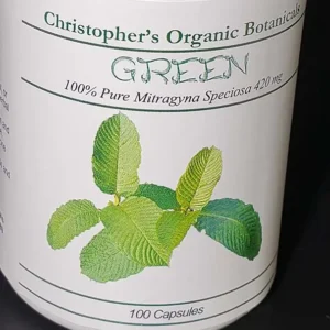 Green Borneo kratom capsules front of the bottle