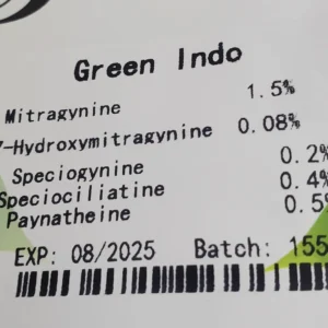 Green Indo kratom batch15509 front of the package