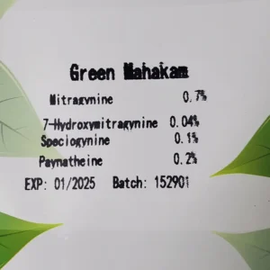 Green Mahakam kratom powder Front of the package Batch 152901 with kratom alkaloids listed
