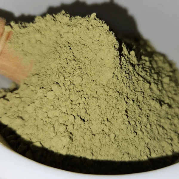 Green Riau kratom powder batch 152310 raw powder in bowl