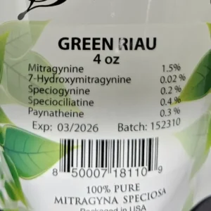 Green Riau kratom powder batch 152310 package with testing results