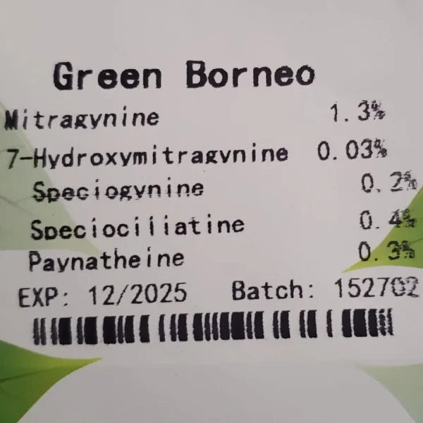 Green borneo kratom batch 152703 front of the package with alkaloids listed