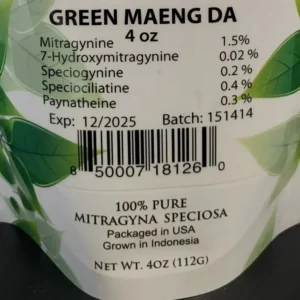 Green maeng da kratom batch 151414 front of the package with kratom alkaloids listed