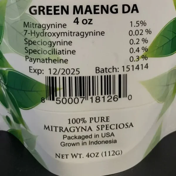 Green Maeng Da Kratom Batch 151414: Front Package with Listed Kratom Alkaloids.