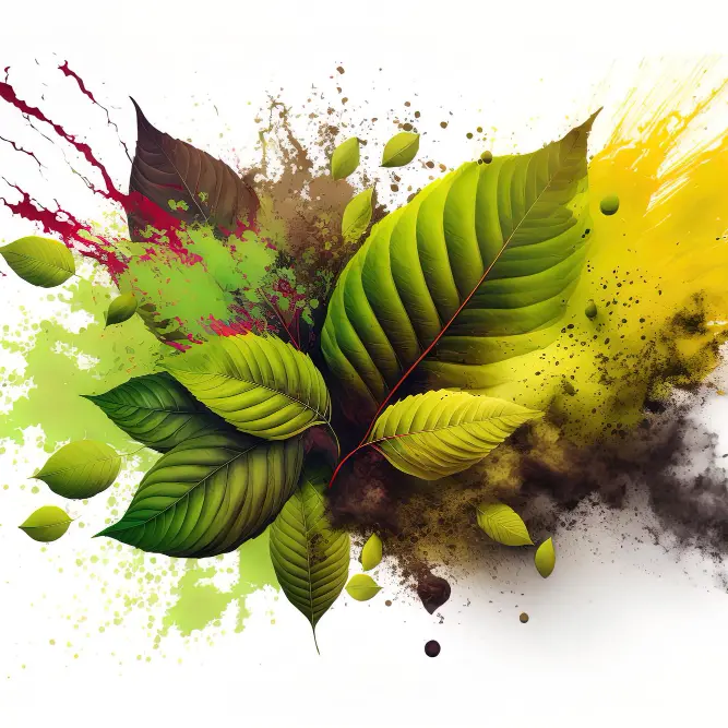 Kratom Spot leaf explosion with multiple colors of yellow, green and red