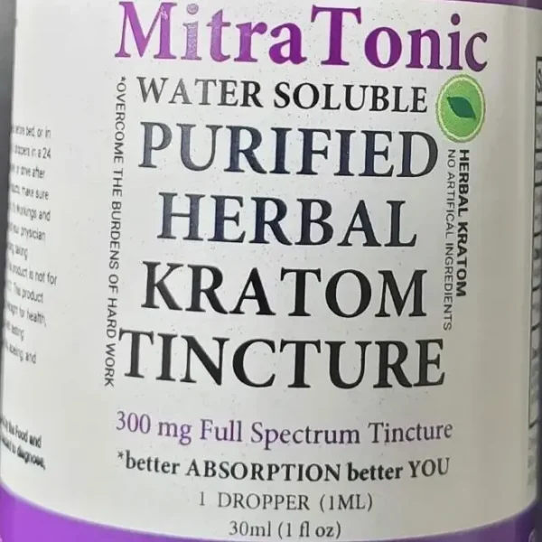 Front view of a MitraTonic kratom tincture bottle, highlighting the product's branding and key information.