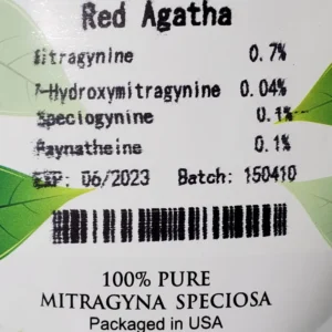 Red Agatha kratom batch 150410 front of package with kratom test results