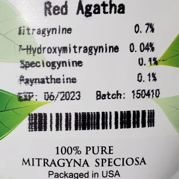 Red Agatha kratom batch 150410 front of package with kratom test results