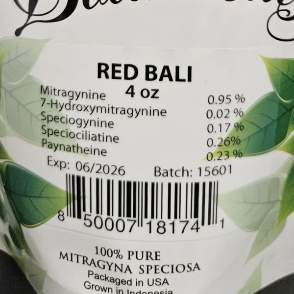 Red Bali Kratom Powder: Batch 15601 Front Package with Listed Kratom Alkaloids.