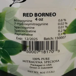 Red Borneo kratom batch 15007 front of the package with alkaloids