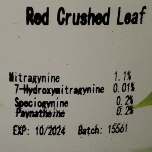 Red Crushed Leaf kratom batch 15561 Front of the package with kratom alkaloid percentages