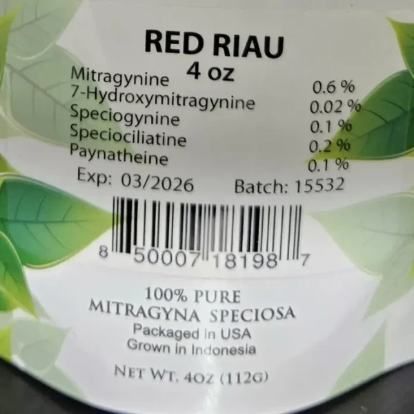 Red Riau Kratom Powder 15532 package displaying listed kratom alkaloids for transparency and understanding.