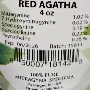 Red agatha kratom batch 15611 front of the package with kratom alkaloids