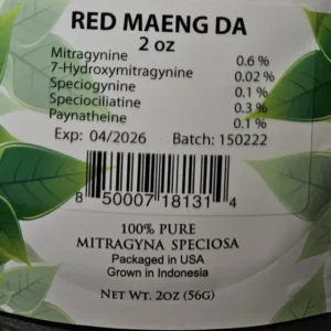 Red maeng da kratom powder front of the package batch 150222