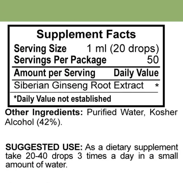 Siberian ginseng suggested use facts panel