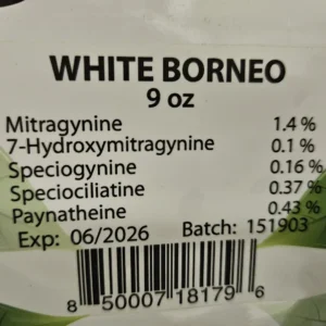 White Borneo kratom powder batch 151903 front of the package