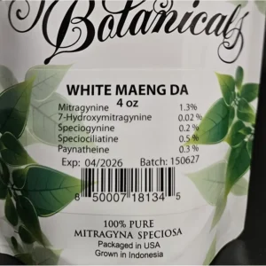 White Maeng Da kratom batch 150627 Front of the Package with kratom alkaloids listed