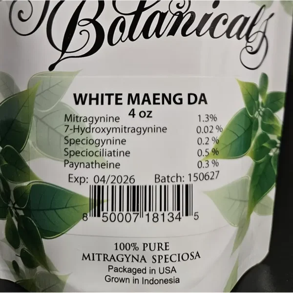 White Maeng Da kratom batch 150627 Front of the Package with kratom alkaloids listed