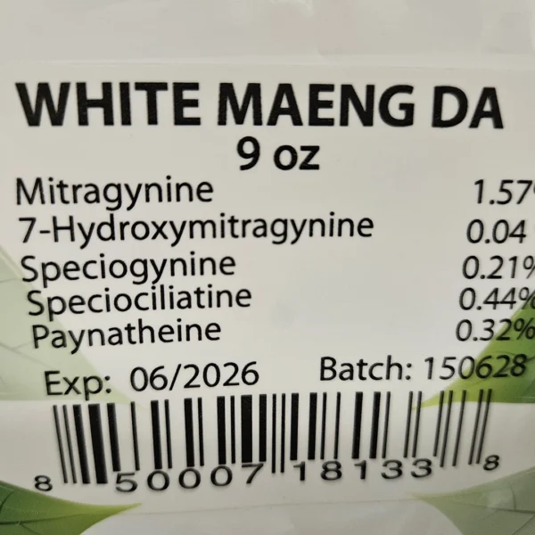 White Maeng Da kratom powder batch 150628 front of package initial testing results