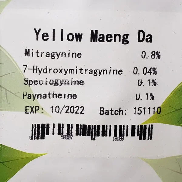 Yellow Maeng Da kratom powder front of the package Batch 151110 kratom alkaloid Details