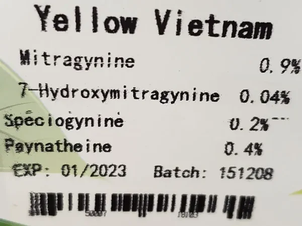 Yellow Vietnam kratom Batch 151208 Label Details front of the package