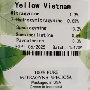 Yellow vietnam kratom powder batch 151209 front of package with kratom alkaloids listed