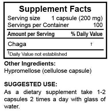 Chaga mushroom capsules suggested use supplement facts panel