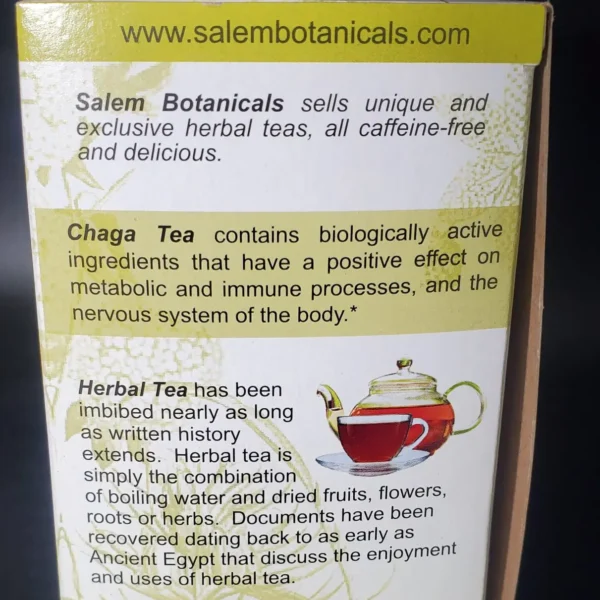chaga tea information side of the box salem botanicals