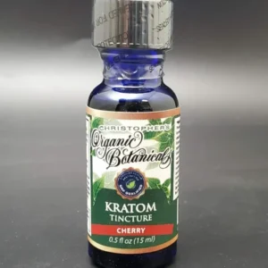 Front label of Christopher's Organic Botanicals Cherry Kratom Tincture Shot showcasing the kratom extract in a convenient shot form for quick and natural wellness support.