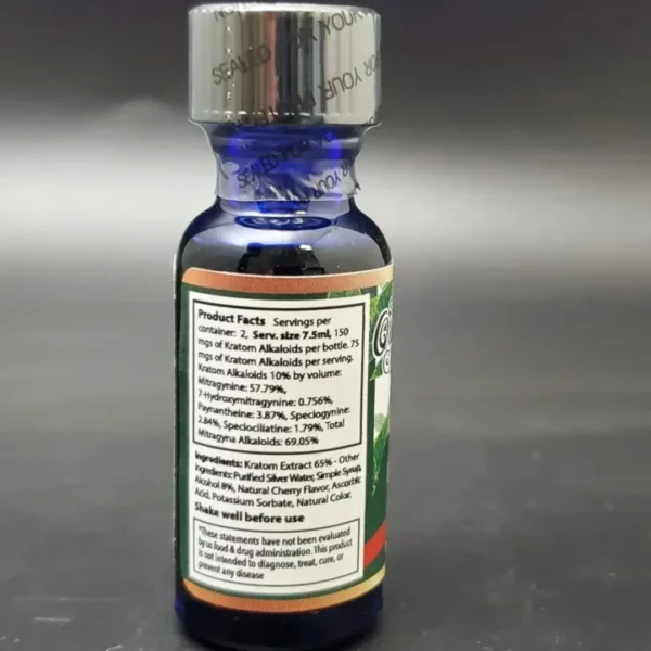 Detailed Product Facts Label on Christopher's Organic Botanicals Cherry Kratom Tincture Shot, highlighting natural ingredients, dosage recommendations, and health benefits for enhanced energy and wellness.
