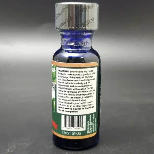 Important warning label on Christopher's Organic Botanicals Cherry Kratom Tincture Shot, detailing safety precautions, recommended usage limits, and health advisories to ensure responsible consumption of this natural wellness product.