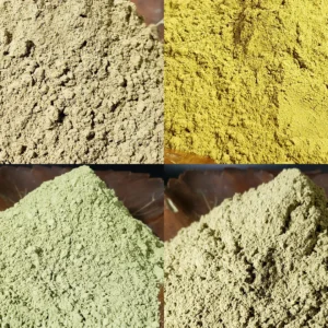 Four Kratom Phenotypes: Varied Types of Kratom Powder Presented in Wooden Bowls.