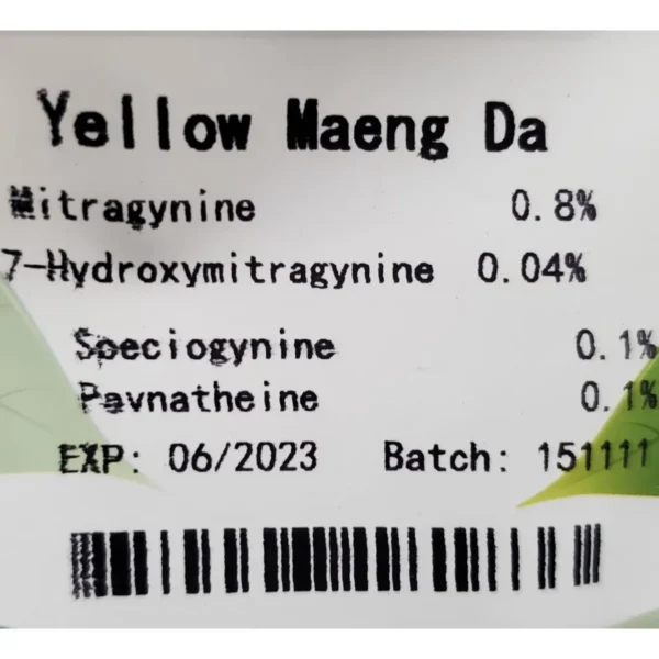 yellow maeng da kratom powder batch 15111 front of the package with kratom alkaloids listed