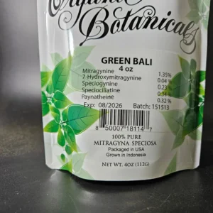 Green Bali kratom powder 151513 front package with kratom alkaloids listed