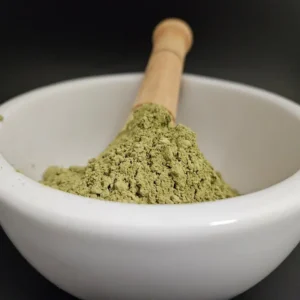 Green Mahakam Kratom Powder Batch 152902 Presented in Apothecary Bowl.