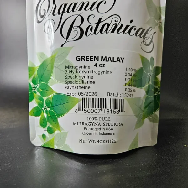 Green Malay kratom powder 15232 front of package with alkaloids listed