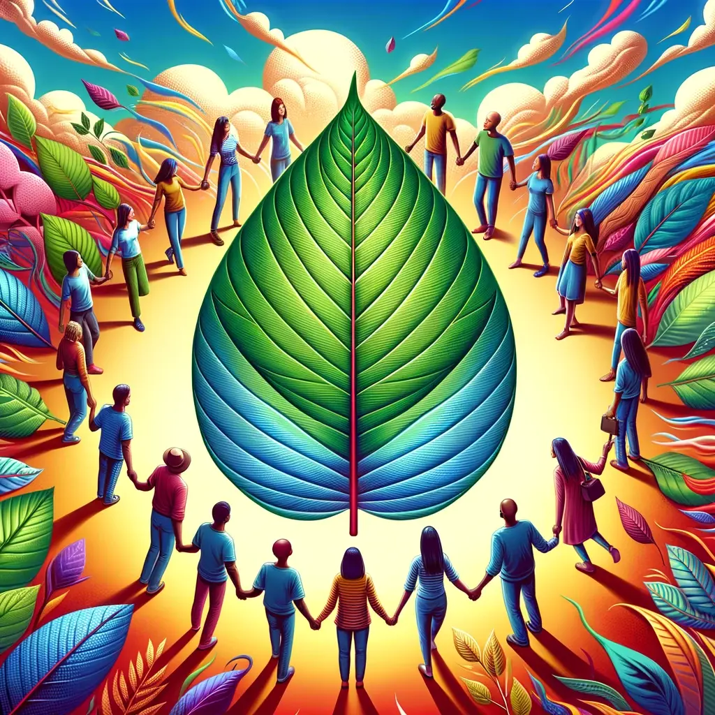 A vibrant image depicting a supportive kratom community around a large kratom leaf, with people of diverse backgrounds holding hands, symbolizing unity, educ