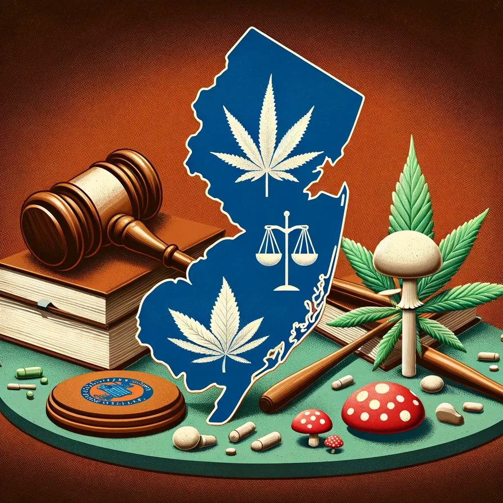 An image depicting the state of New Jersey with various symbols representing drug policy reform in 2024, such as gavels, legislative documents, cannabis and kratom