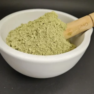 Green Maeng Da Batch 151416 Kratom Powder Displayed in Apothecary Bowl.