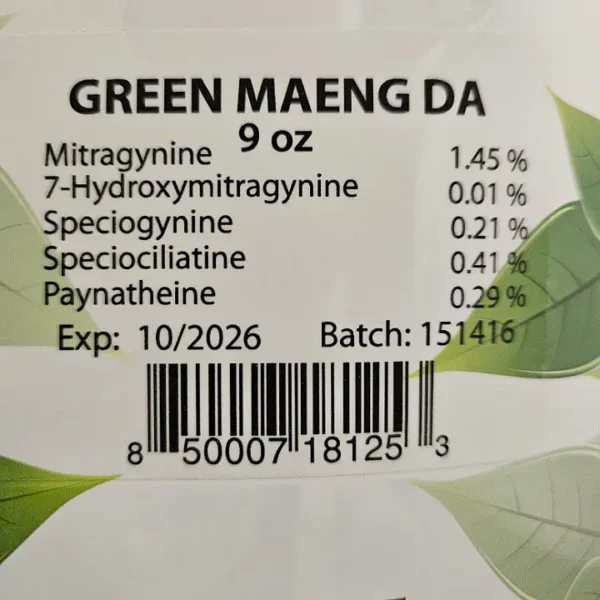 Green Maeng Da Batch 151416: Front Packaging with Kratom Alkaloids Listed.