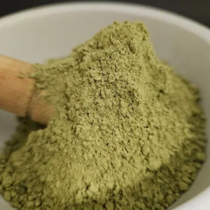 Green Riau Kratom Powder, Batch #152311, Elegantly Presented in an Apothecary Bowl.