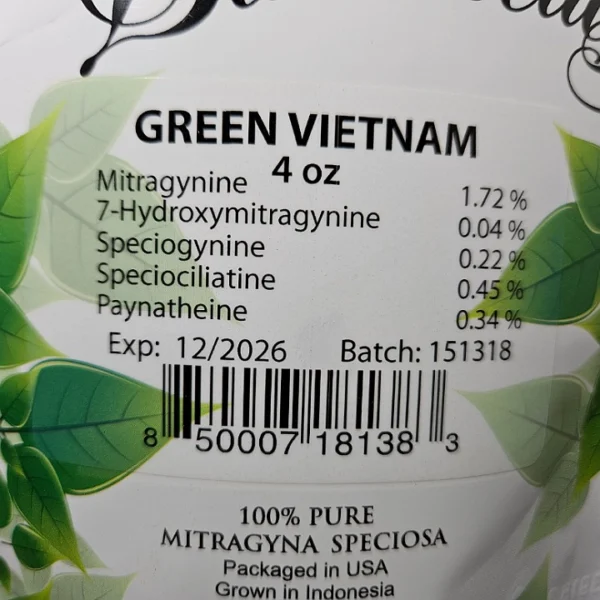 Front label of Green Vietnam Kratom powder, batch 151318, featuring expiration dates and a list of kratom alkaloids for transparency.