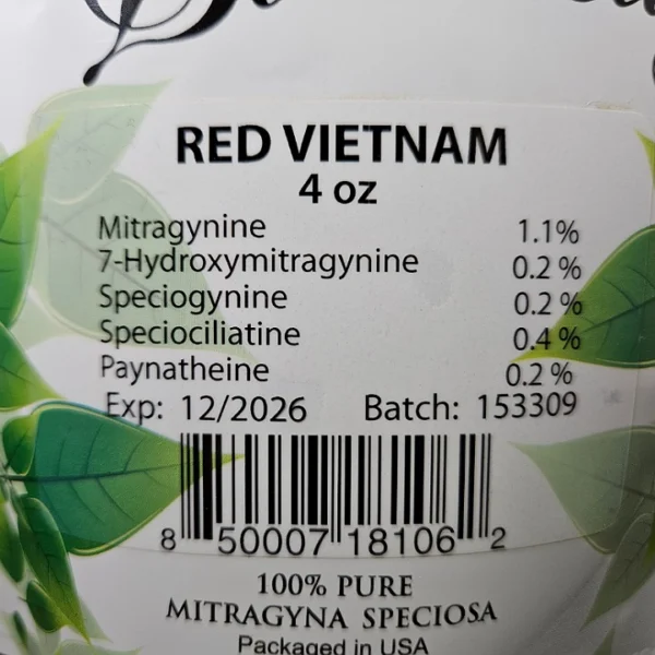 Front View of Red Vietnam Kratom Package, Batch #153309, Highlighting Alkaloid Content Details.