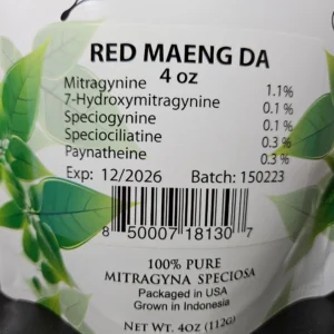 Package of Red Maeng Da kratom powder batch 150223 showcasing listed kratom alkaloids on the front.